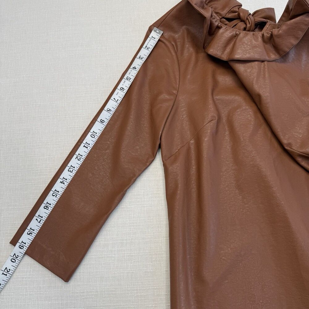 Tuckernuck Brown Coated Polyester Ruffle Neck Bow Back Blouse 3/4 Sleeve S - Picture 11 of 11